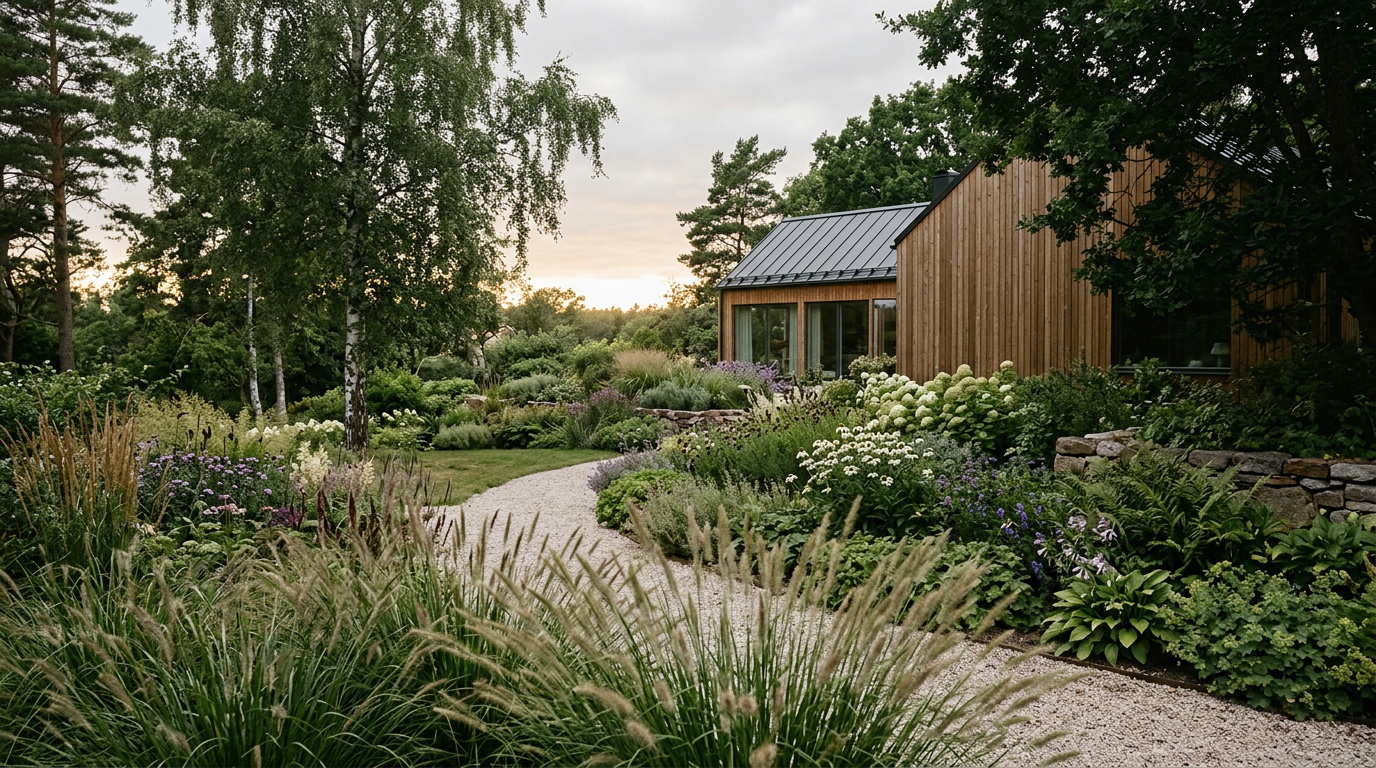 Lummig svensk trädgård med grusgång, prydnadsgräs och grönska